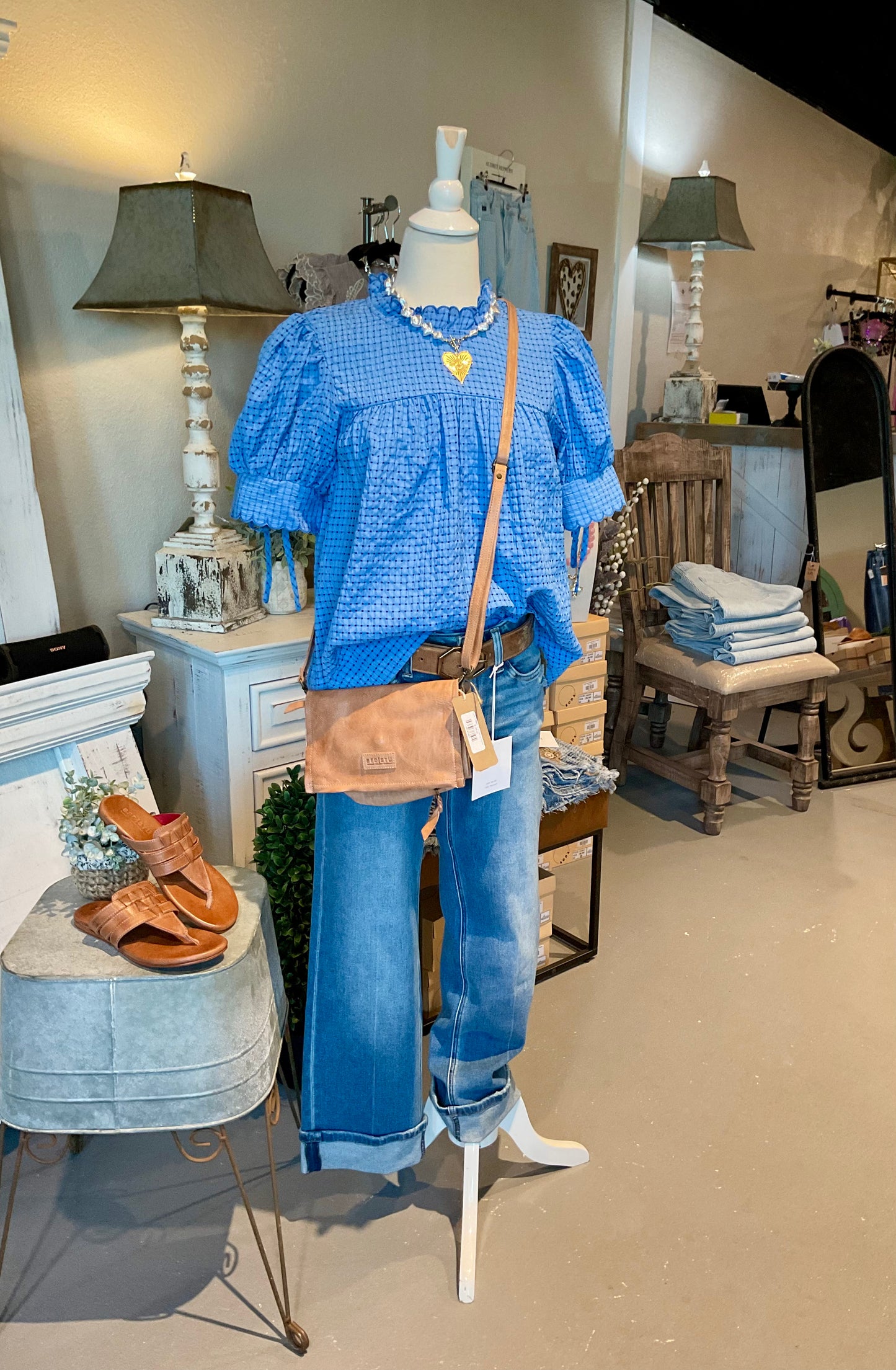 Blue Seersucker Top with Tie Sleeve Detail