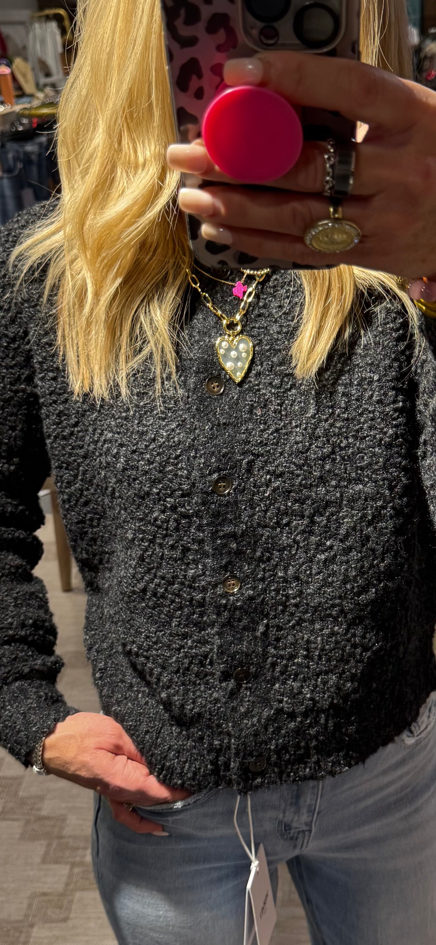 Round Neck Button Up Cardigan in Charcoal