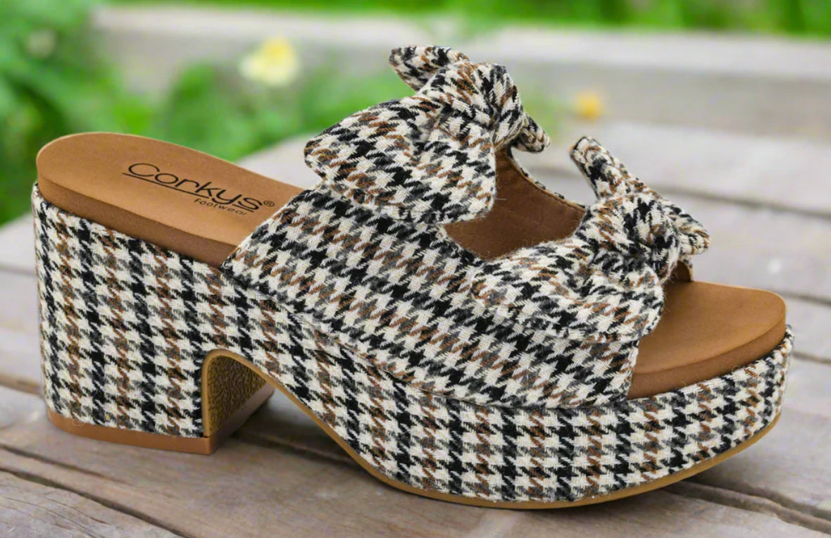 CK10 Black and Tan Houndstooth “Put A Bow On It” Sandals