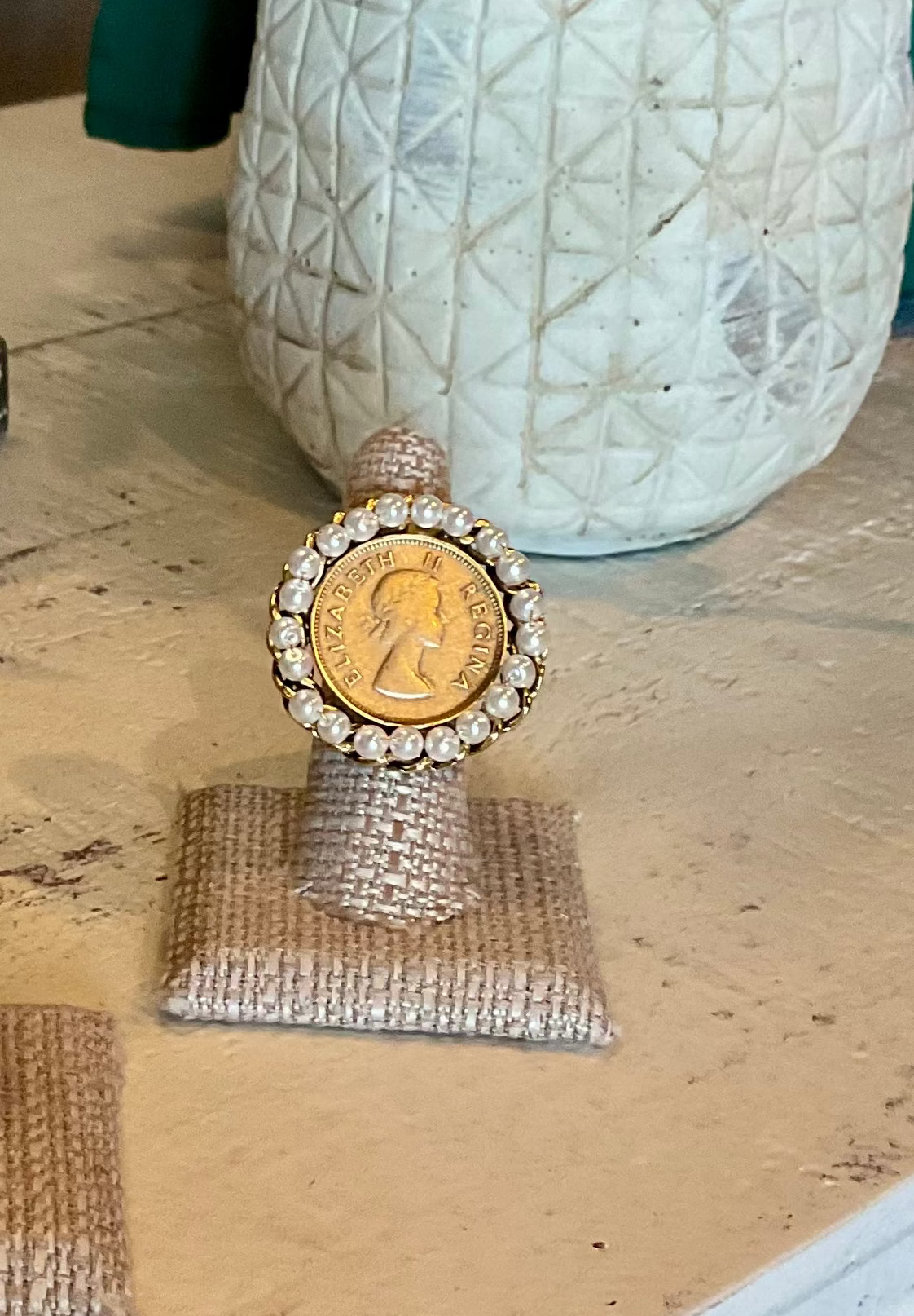 YO06 Small Gold Coin Ring Surrounded by Diamonds