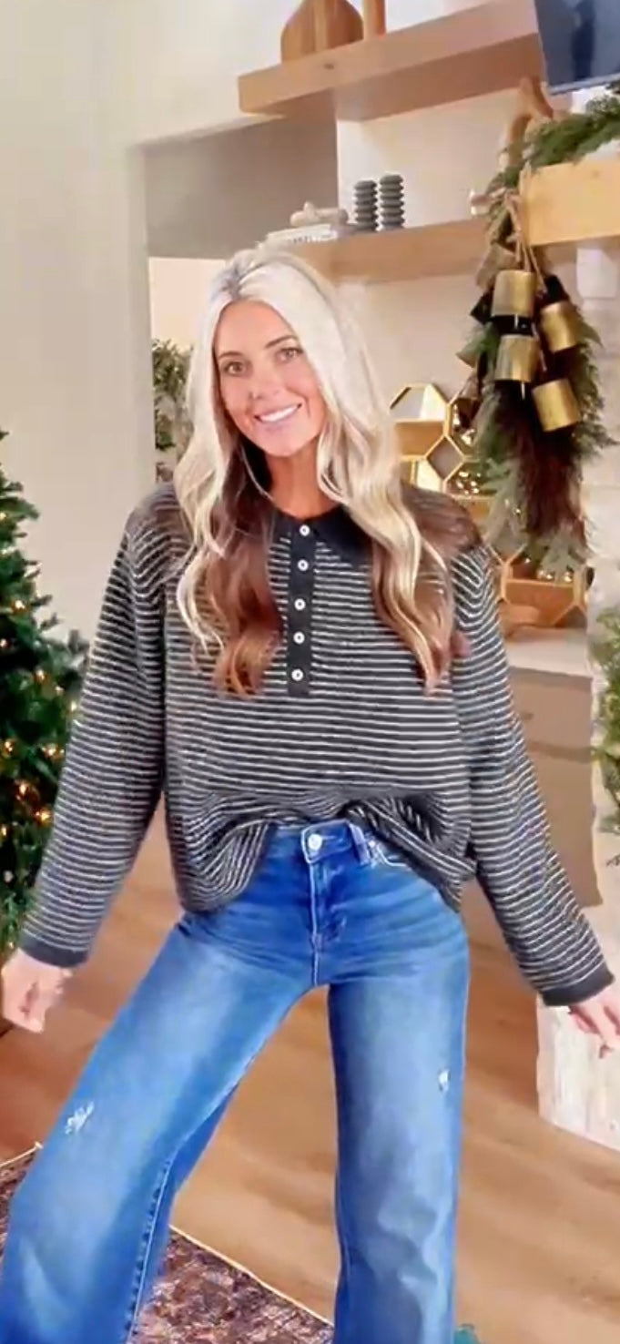 Jaxon Pullover Polo Sweater in Charcoal Stripe