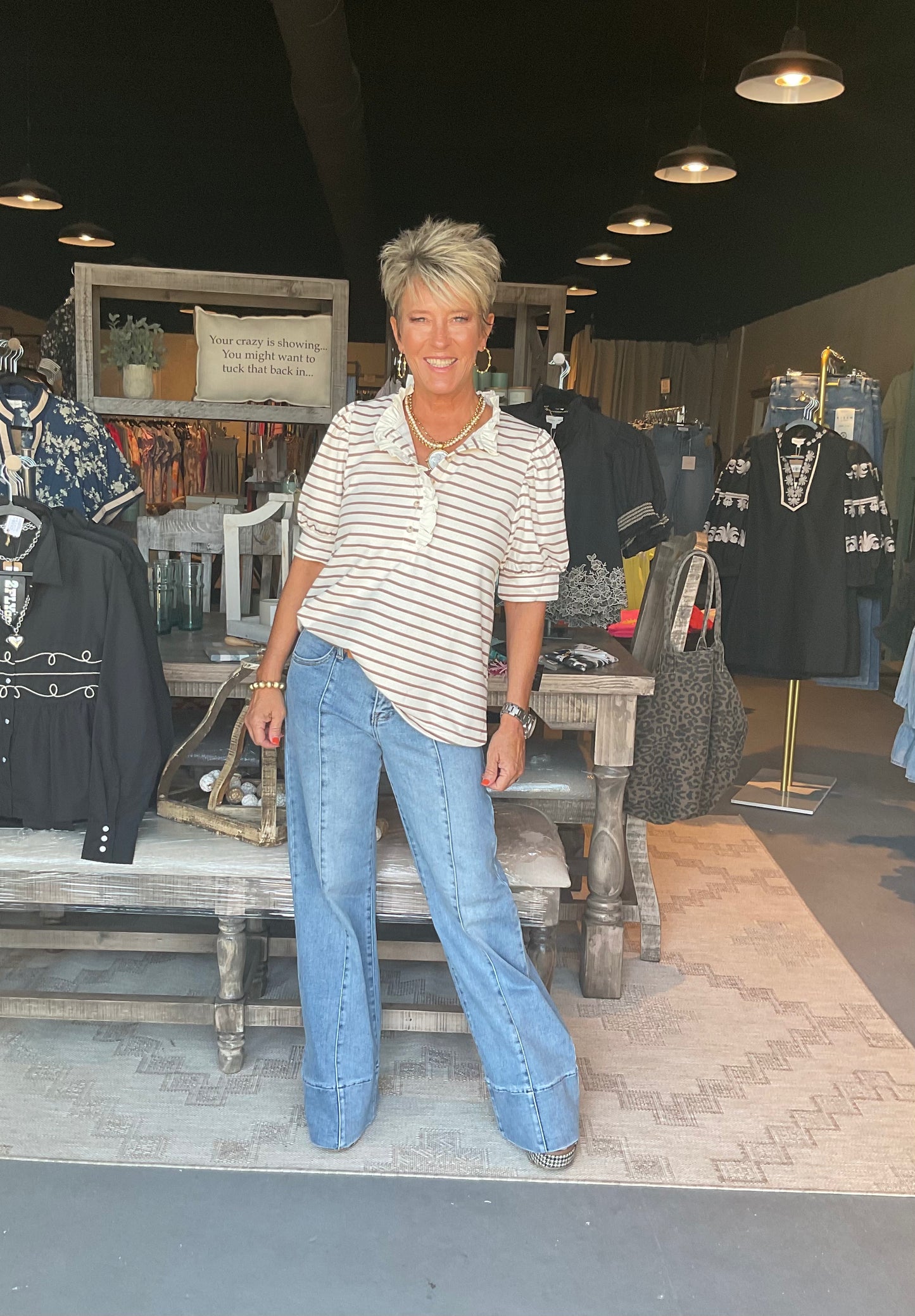 EN44 Cream Mocha Stripe Pattern Short Puff Sleeve Top Featuring Contrast Accent Ruffle Neck Button Closure at Front.