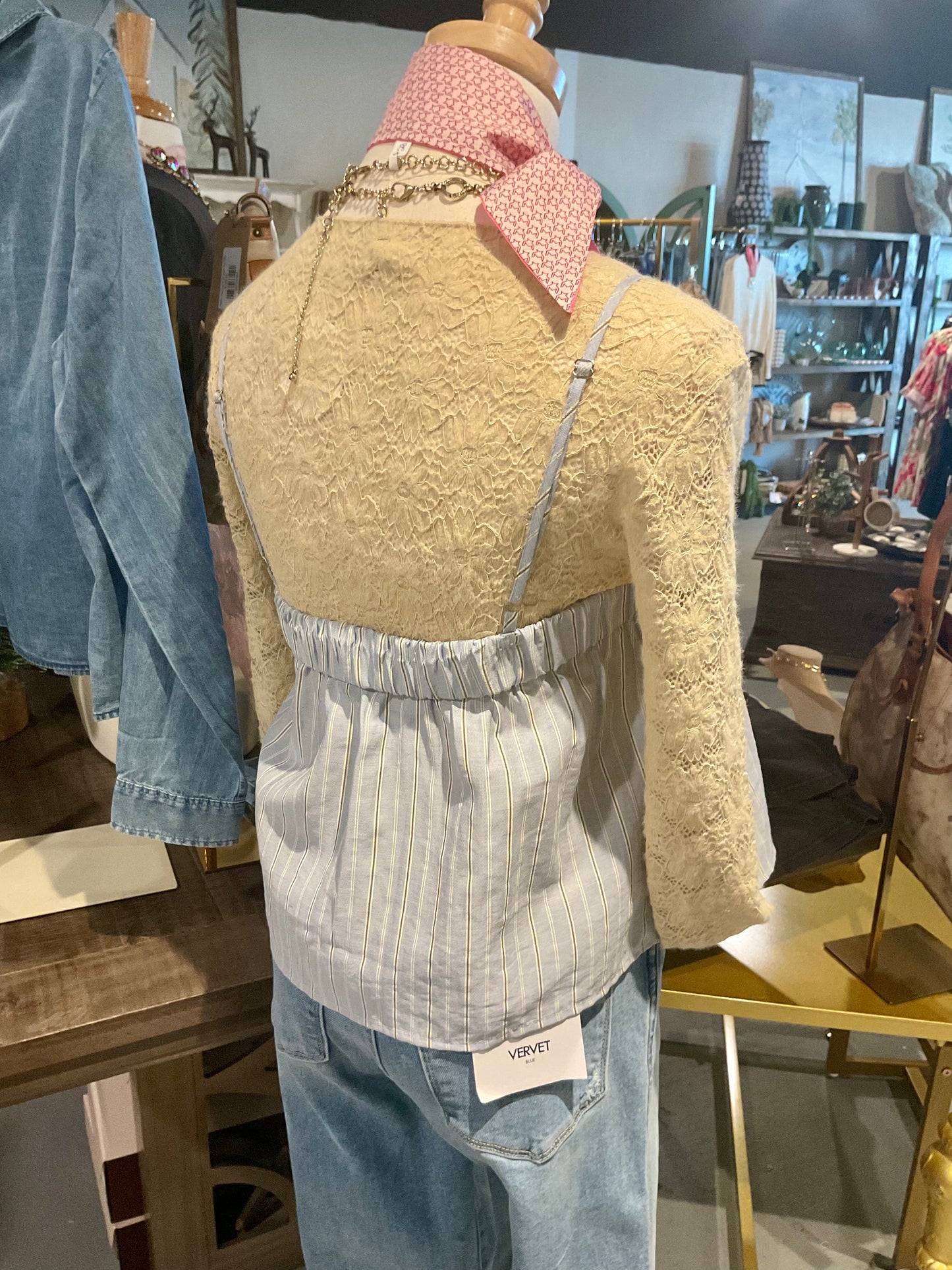 Blue Striped Pleated Top
