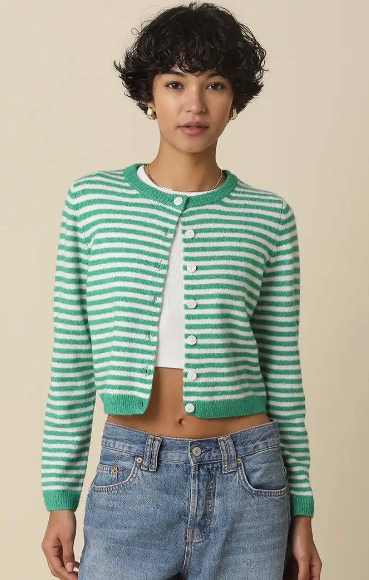 Cropped Knit Cardigan in Kelly Green/Cream Stripe