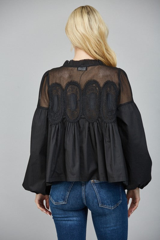 Lace Appliqué Mixed Media Long Sleeve Blouse