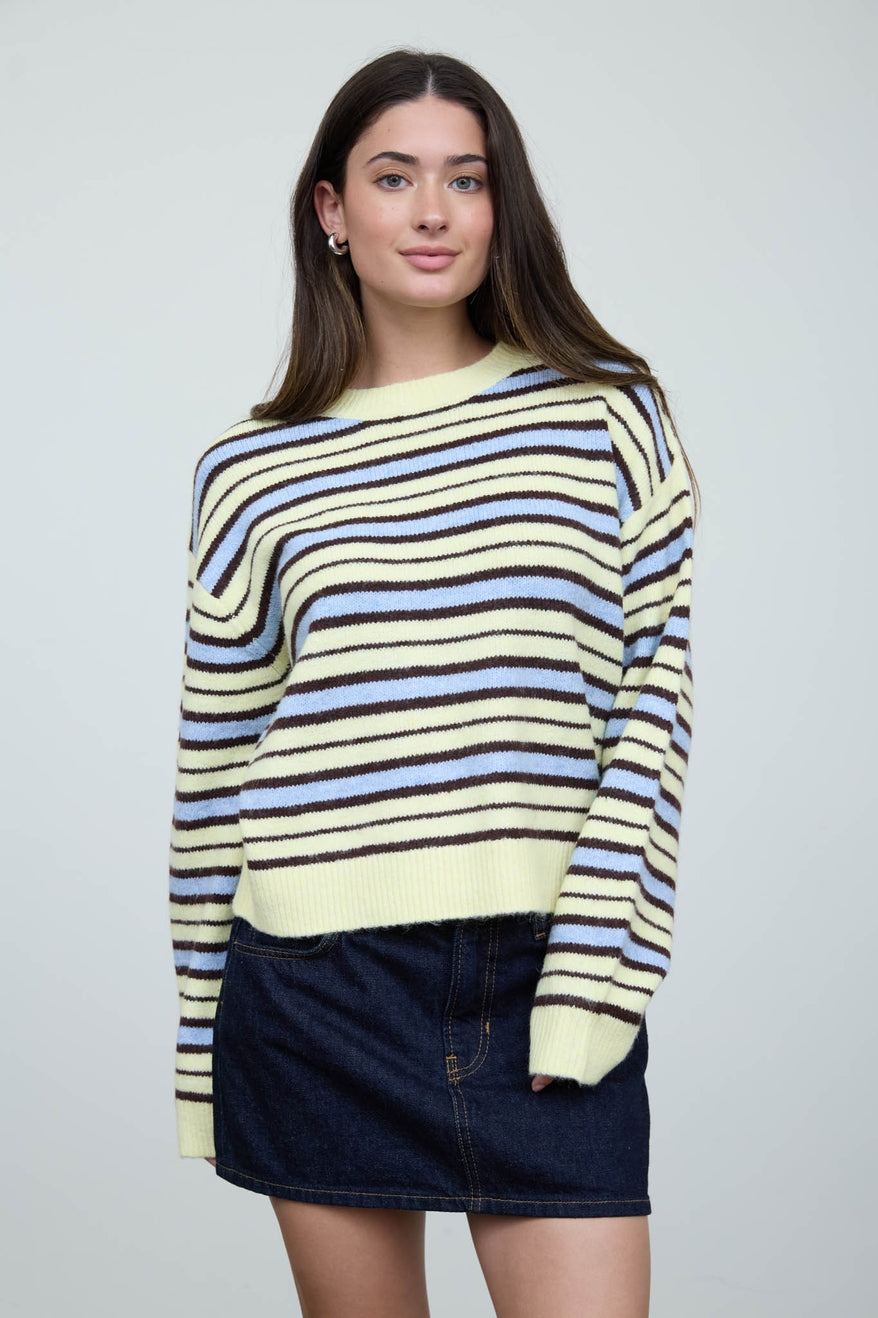 Butter Yellow Multi-Color Stripe Crewneck Knit Sweater