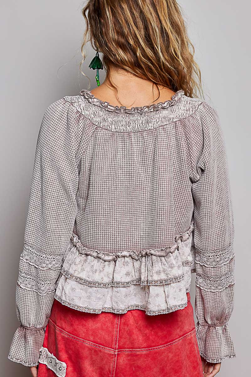 Deep V-Neck Cotton Eyelet Ruffle Balloon Sleeve Thermal Top in Rose Taupe