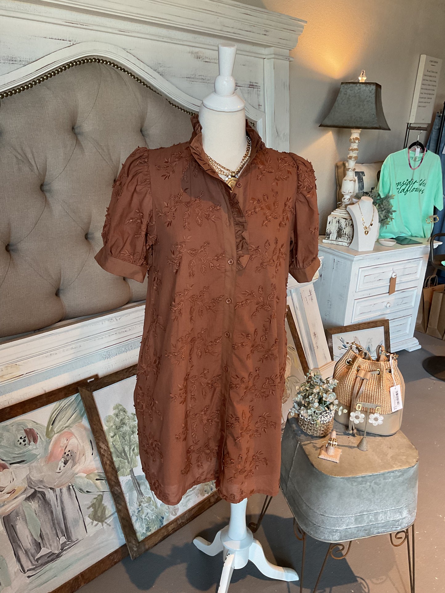EN35 Mocha 3D Floral Appliqué Mini Dress