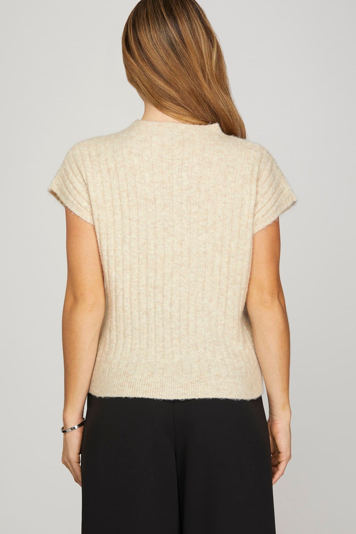 Oatmeal SHORT SLEEVE RIBBED KNIT SWEATER TOP