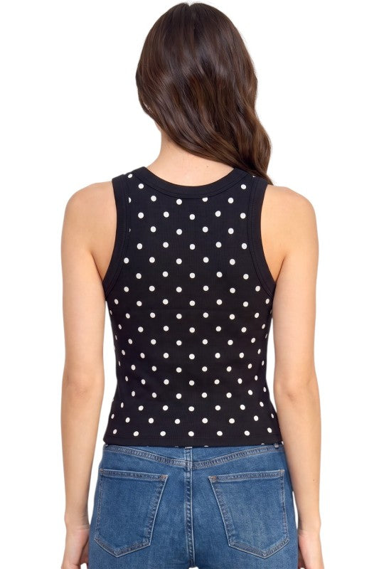 Black Polka Dot Print Ribbed Racerback Tank Top