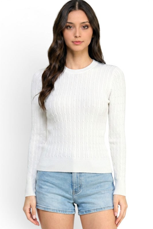 White Fitted Cable Knit Sweater