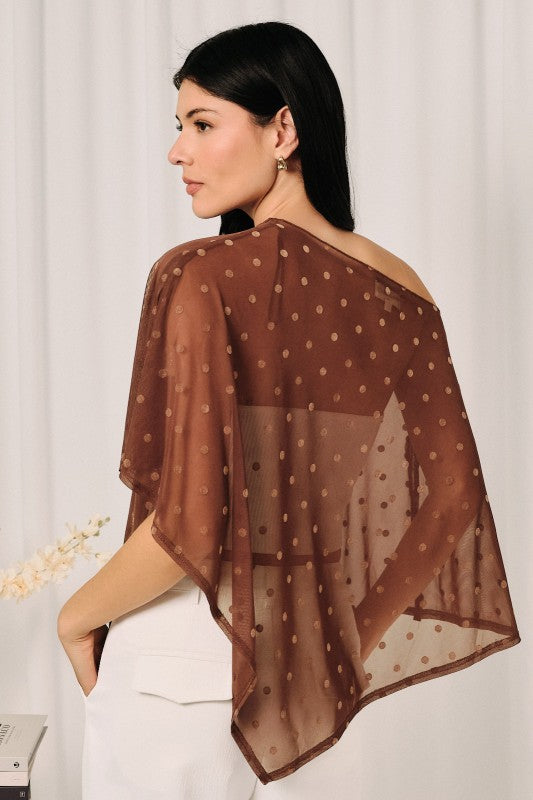 Brown Dot Wide Boat Neck Handkerchief Mesh Poncho