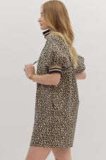 Leopard Dress with Taupe/ Black Striped Trim