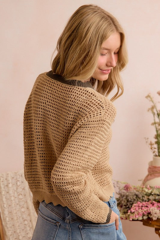 Taupe/Olive Scallop Mesh Sweater