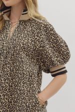 Leopard Dress with Taupe/ Black Striped Trim