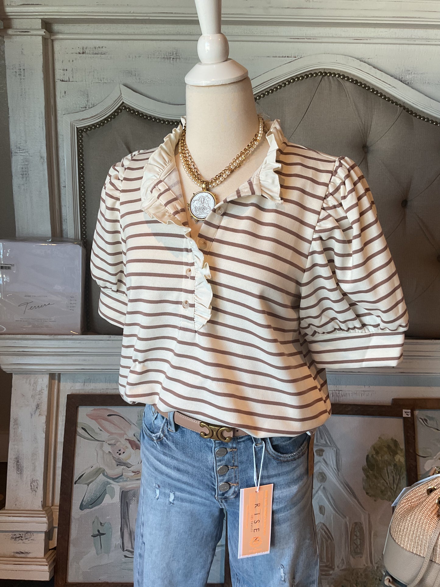 EN44 Cream Mocha Stripe Pattern Short Puff Sleeve Top Featuring Contrast Accent Ruffle Neck Button Closure at Front.