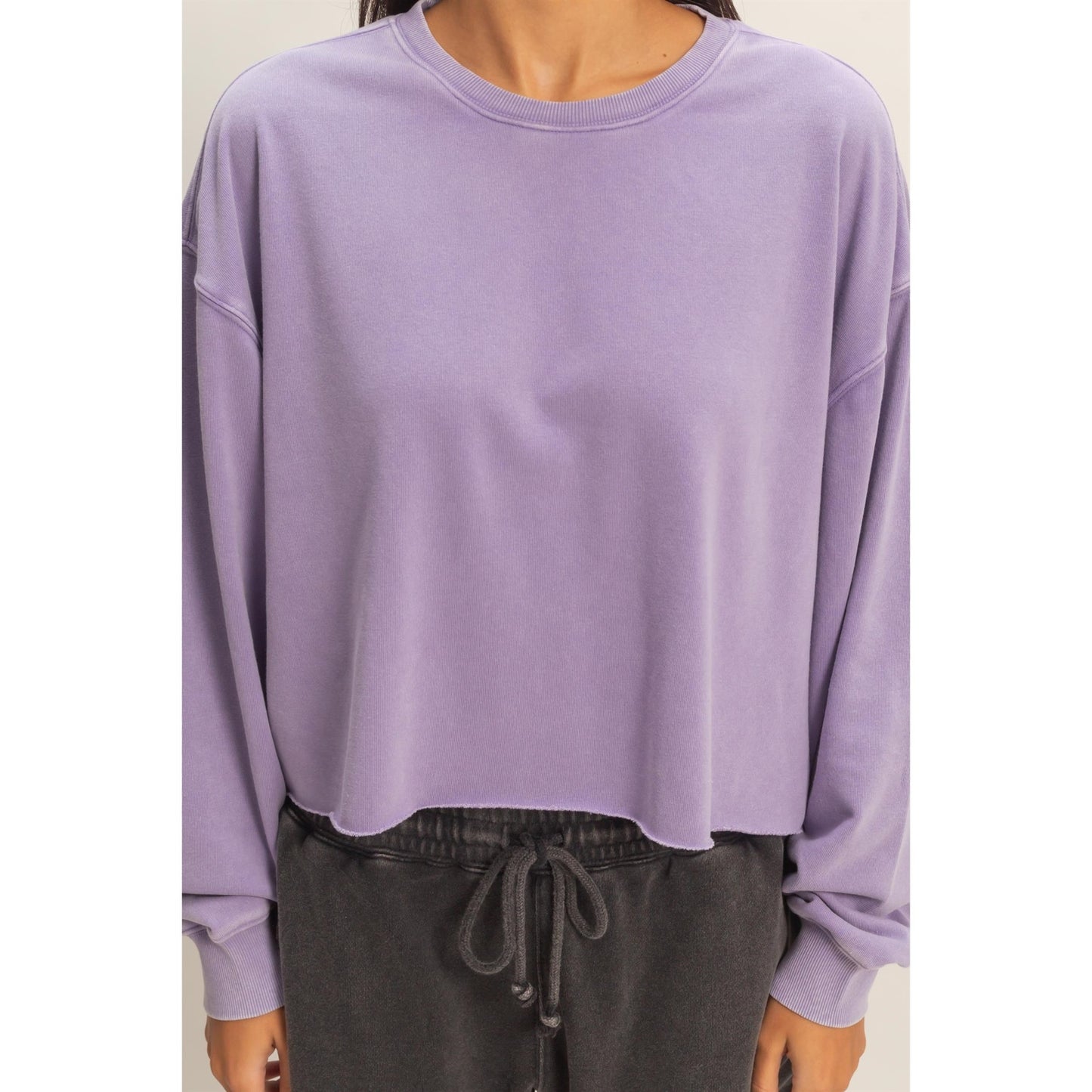Cropped Mineral Washed Sweatshirt in Dusty Purple