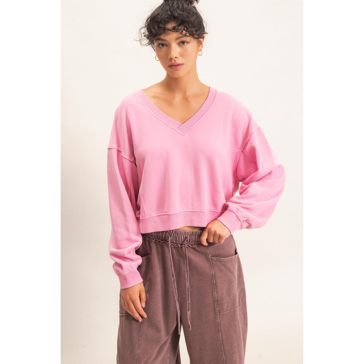 Pink Snow Wash V-Neck Sweatshirt