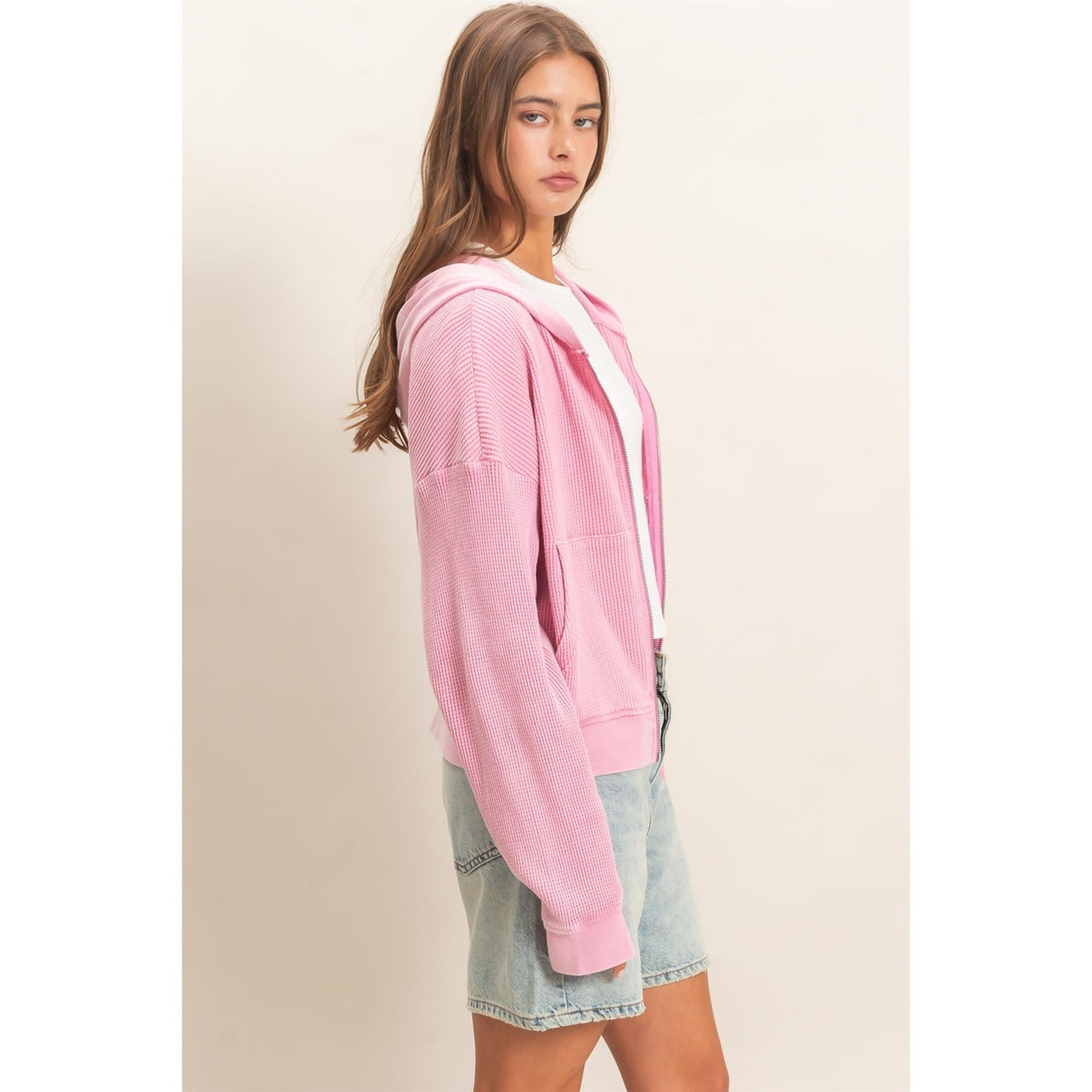 Pink Acid Wash Waffle Knit Zip-Up Hoodie