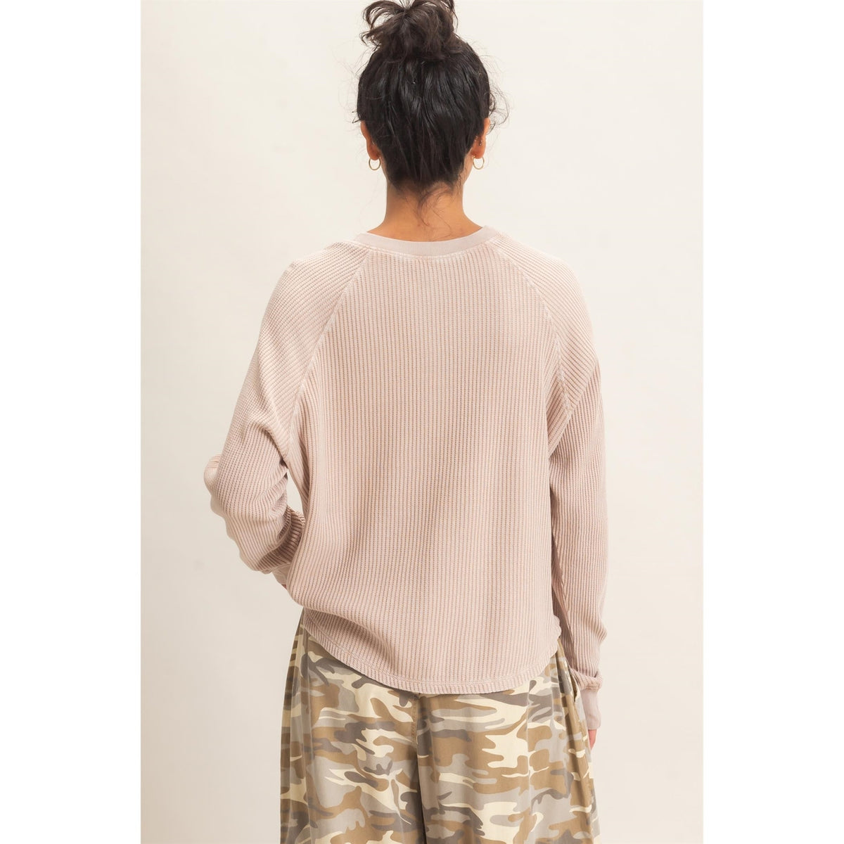 Taupe Mineral Wash Waffle Knit Henley Top