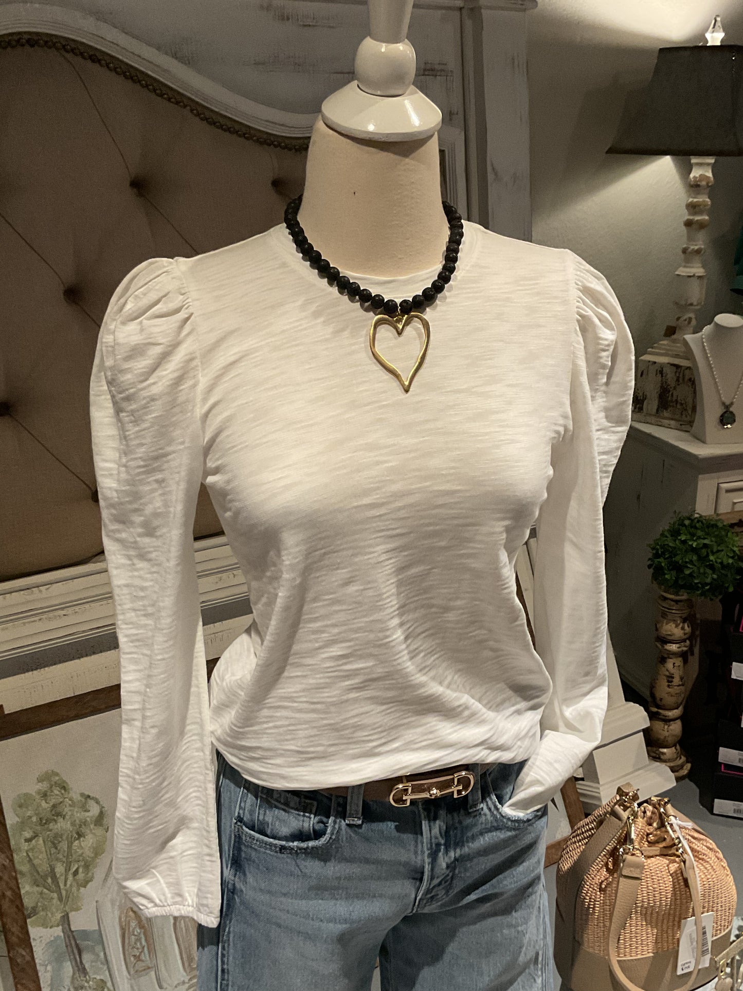 Ivory Subtle Puff Long Sleeve Tee w/Elastic Cuff