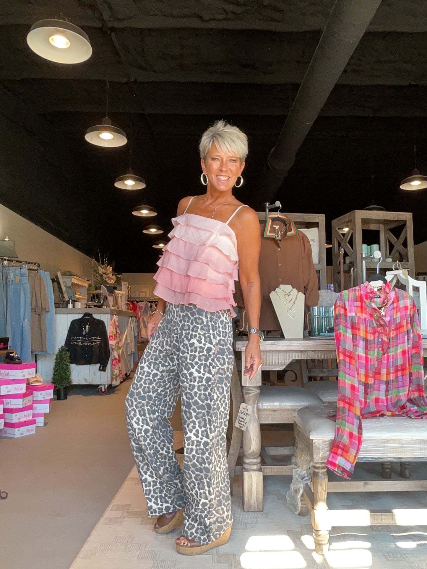 Leopard Wide Leg Pants with Front Button Elastic Waist