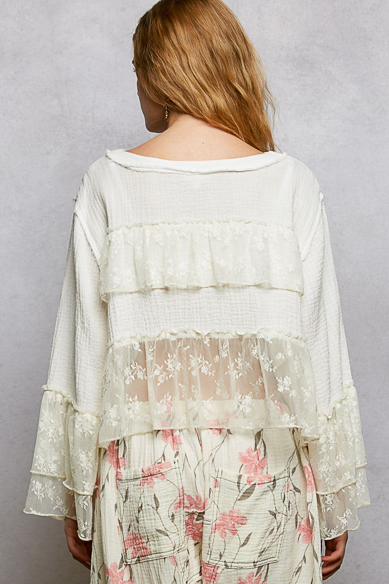 Off White Round Neck Gauze Lace Ruffle Top