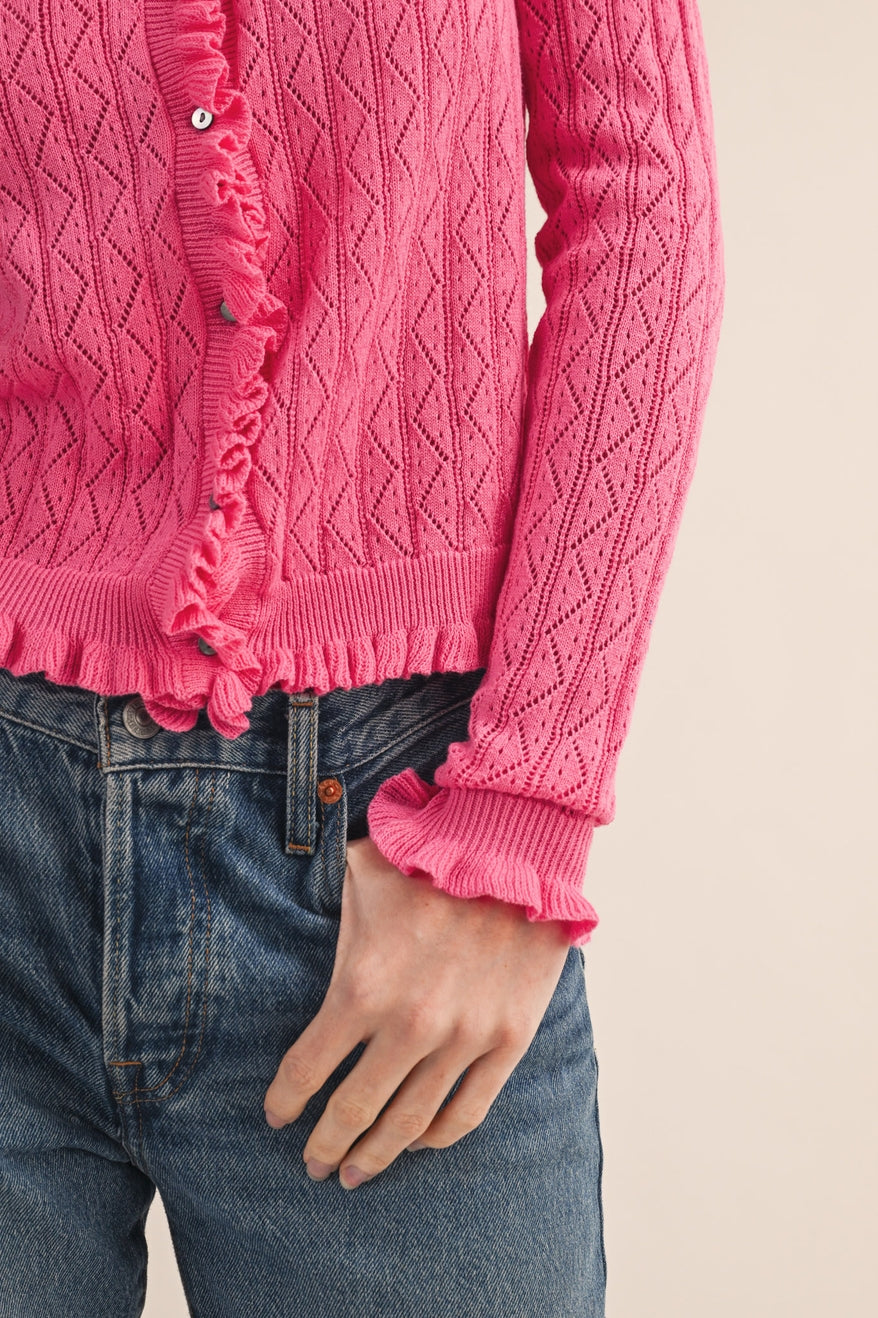 Bubble Gum Ruffled Edge Pointelle Knit Sweater Cardigan