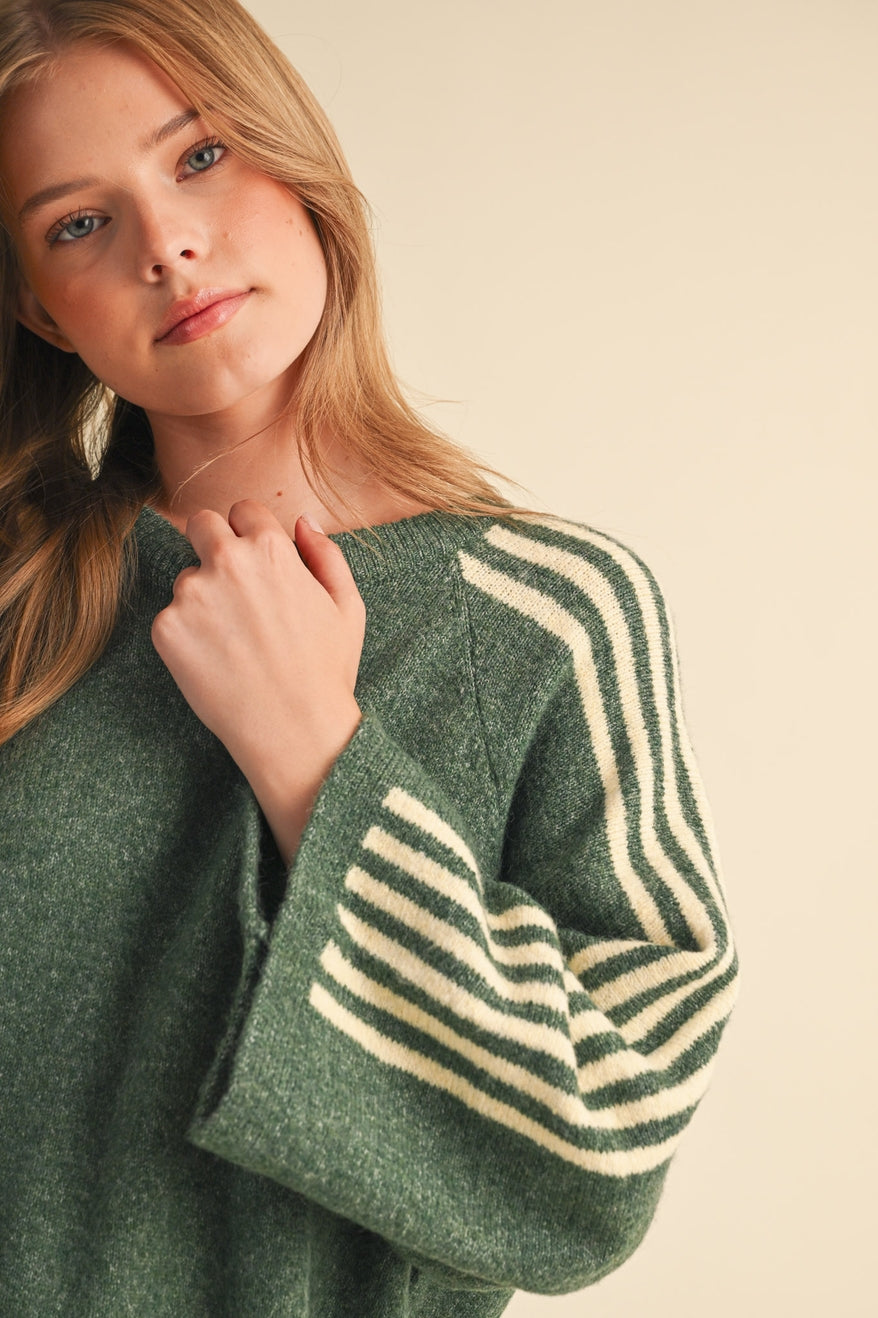 Green/Yellow Striped 3/4 Sleeve Sweater