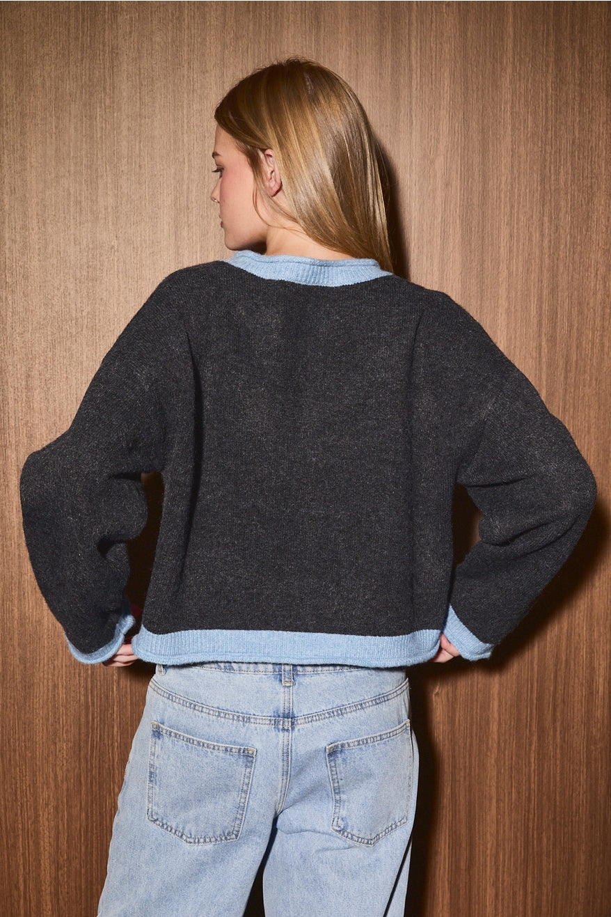 Charcoal/Lt Blue Contrast Trim Crew Neck Cardigan