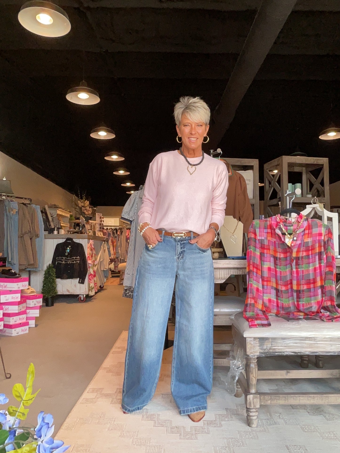 Brushed Waffle Crewneck Top in Pink Frost