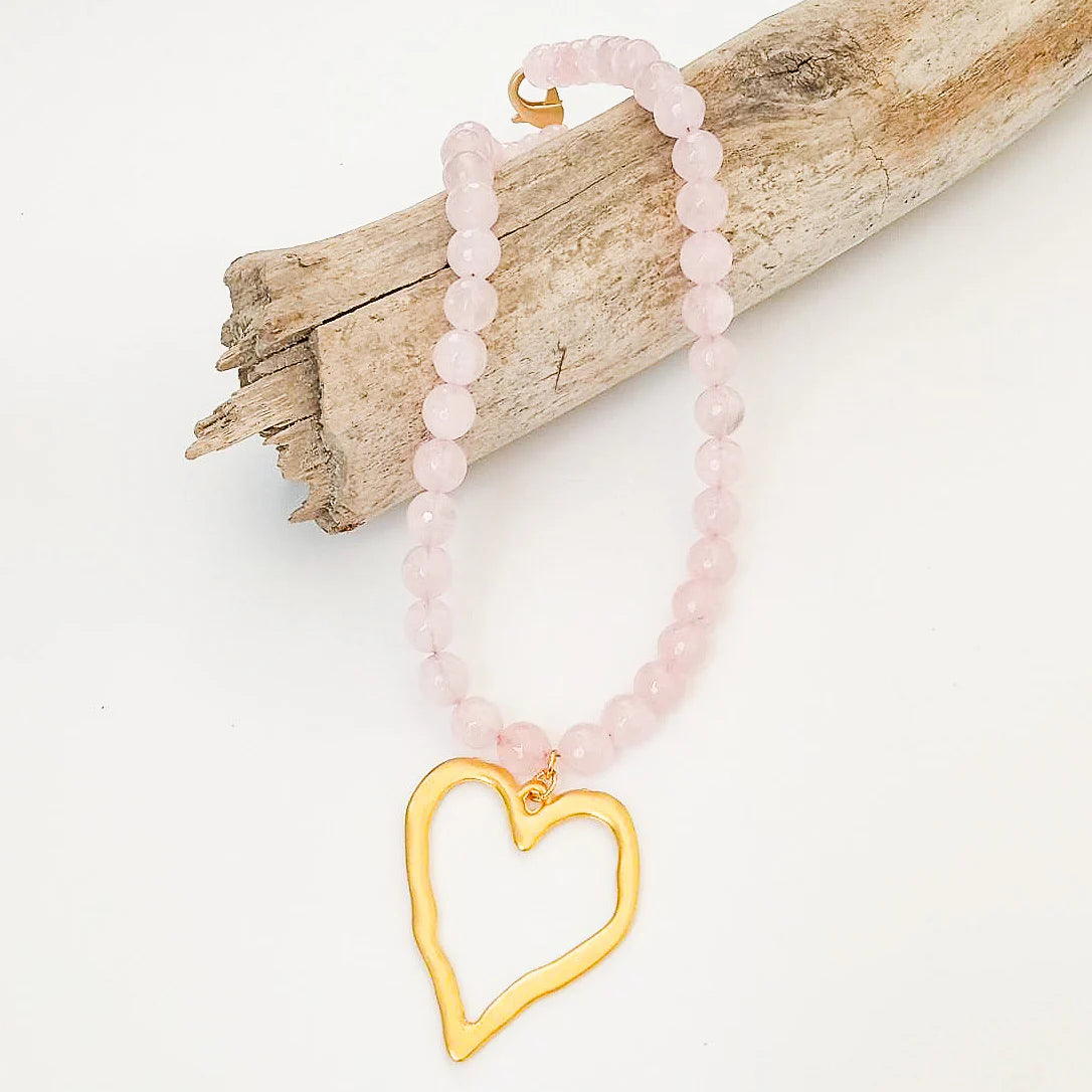 Light Pink Gemstone Necklace with XL Gold Heart