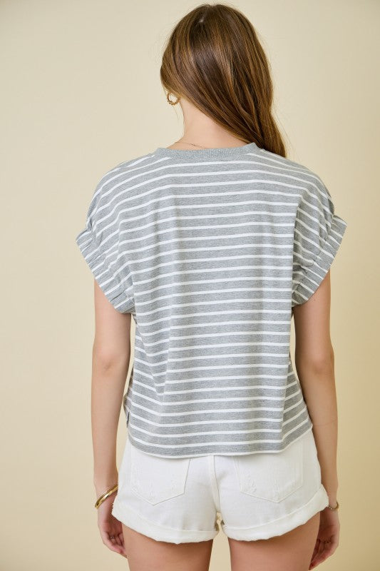 Striped Easy Knit T-Shirt Top w/ Elastic Sleeve Detail
