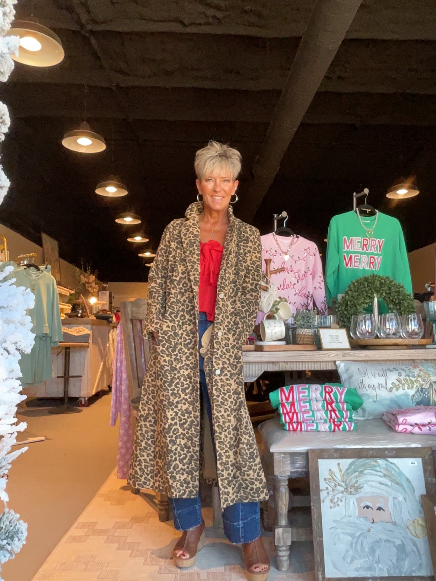 Leopard Denim Front Button Closure Knotched Lapel Color Duster Jacket Taupe Leopard