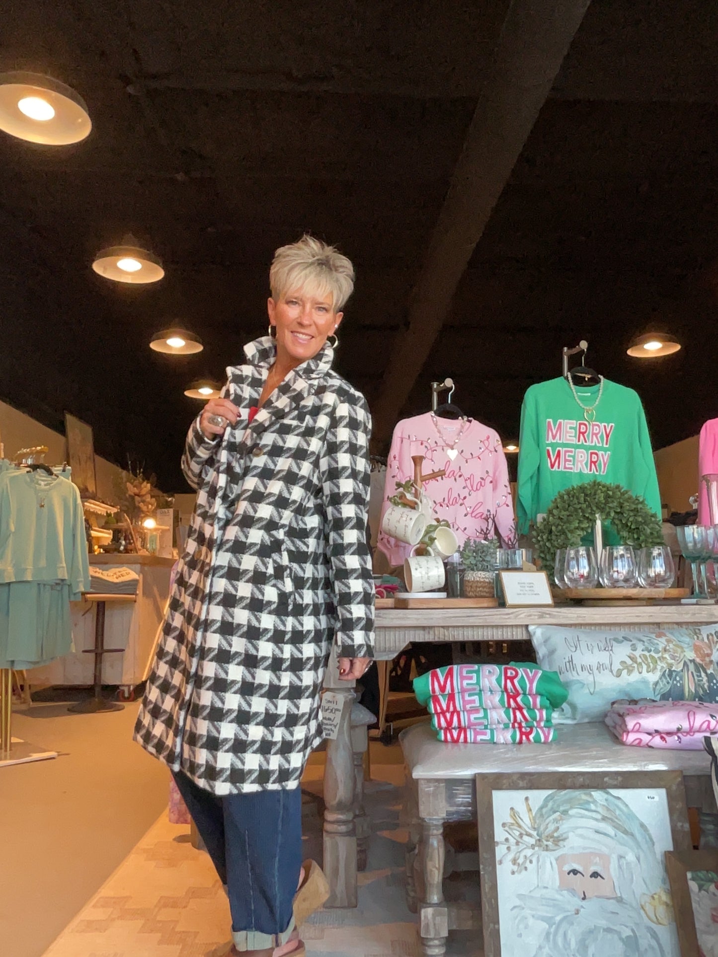 Textured Knit Tweed 2 Tone Double Button Coat Jacket