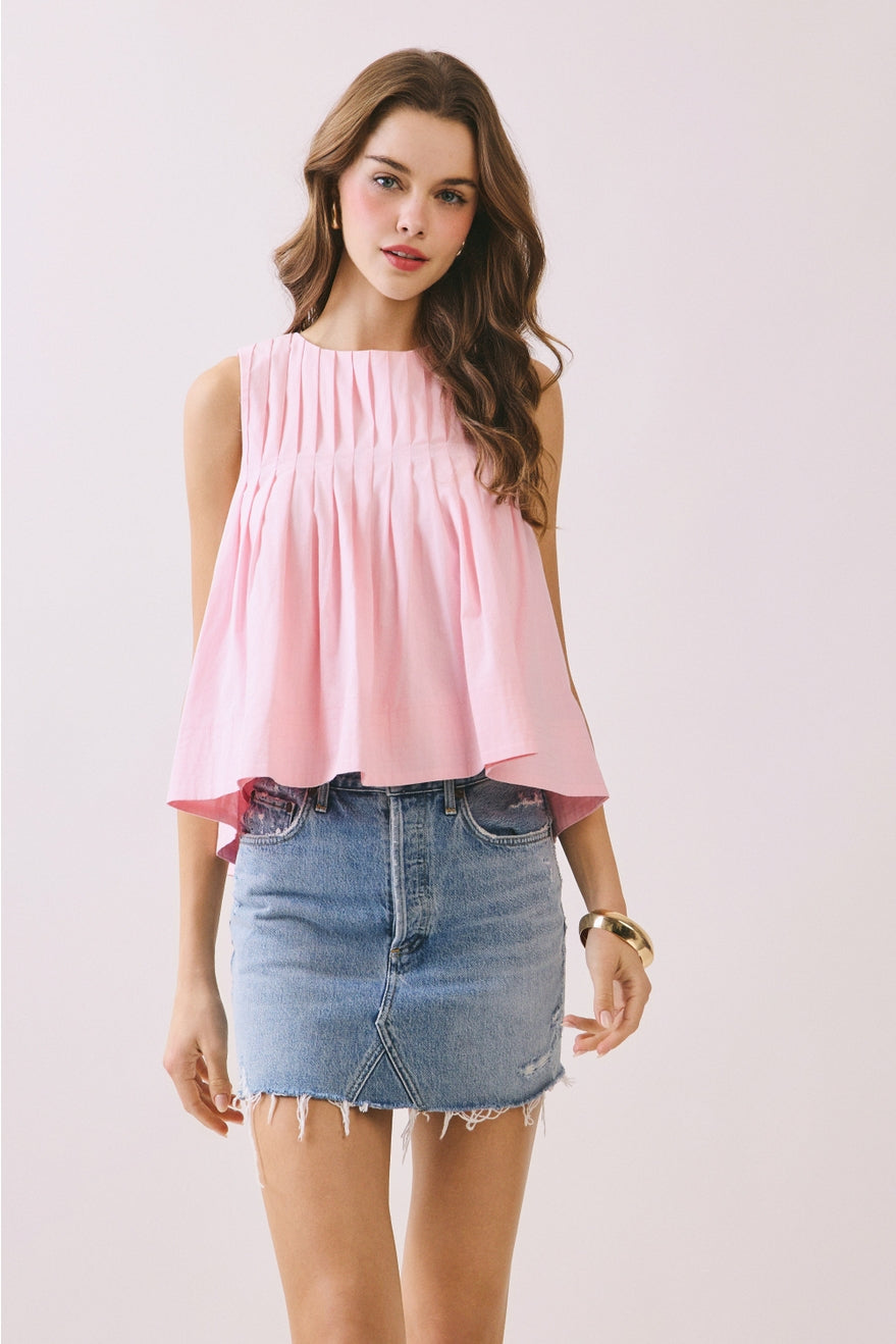 Pleated Detail High Low Sleeveless Top in Baby Pink