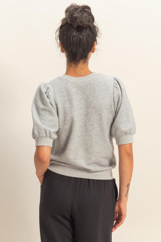 Puff Sleeve Crewneck Top in Heather Grey