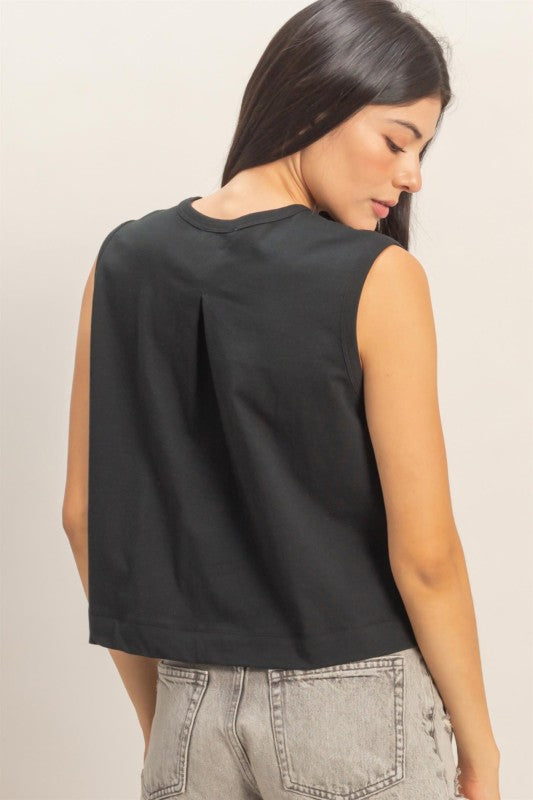 Sleeveless Top with Back Pleats in Black