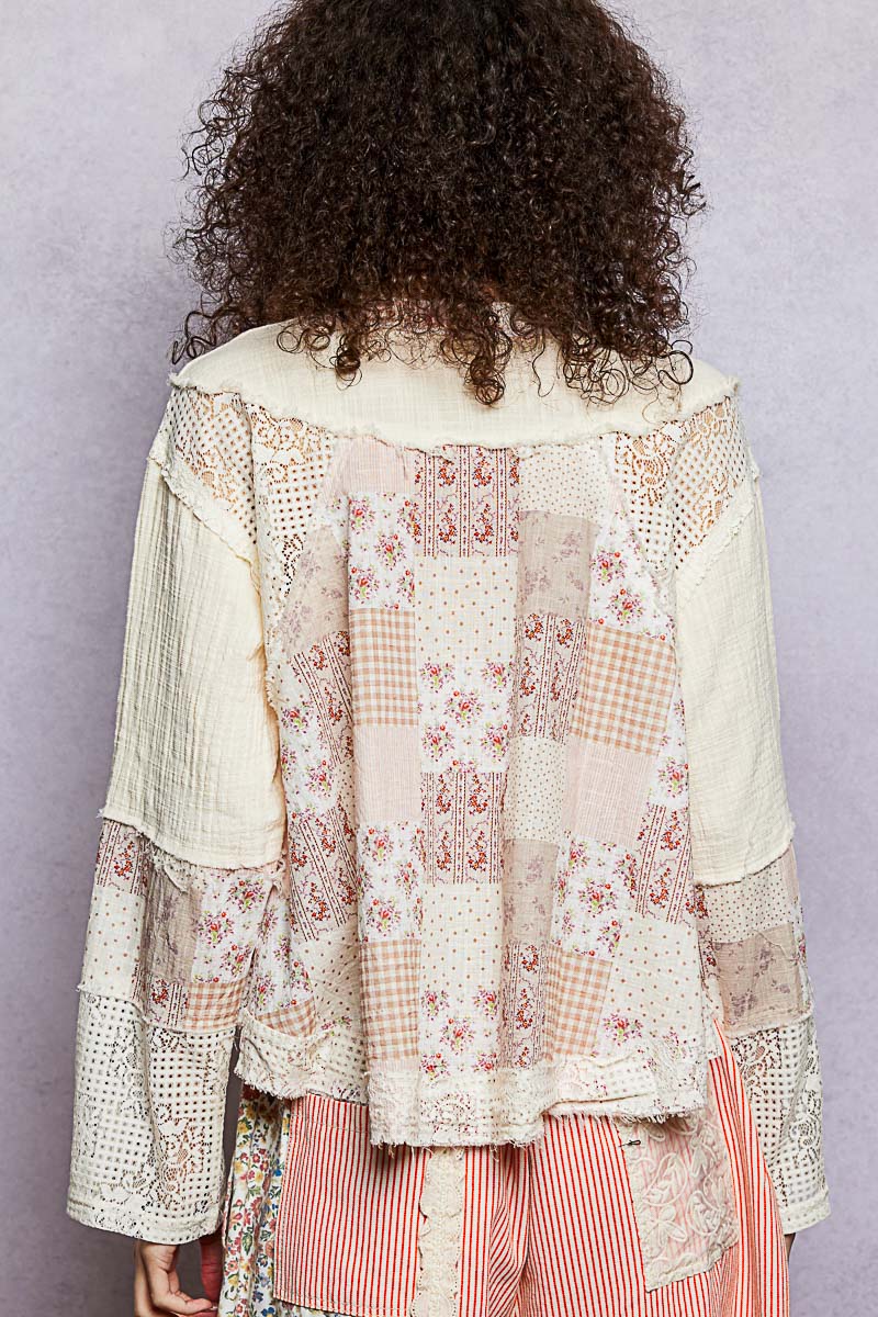 Natural Vintage Double Gauze Patchwork Lace Button Front Blouse