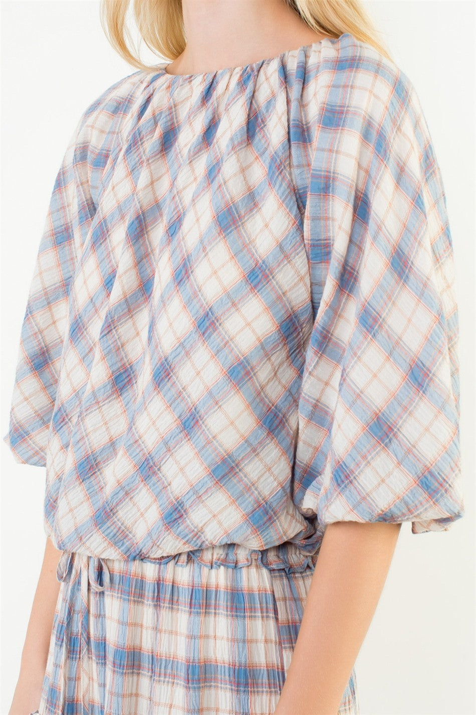 Short Sleeve Blue Plaid Bubble Hem Top by THML