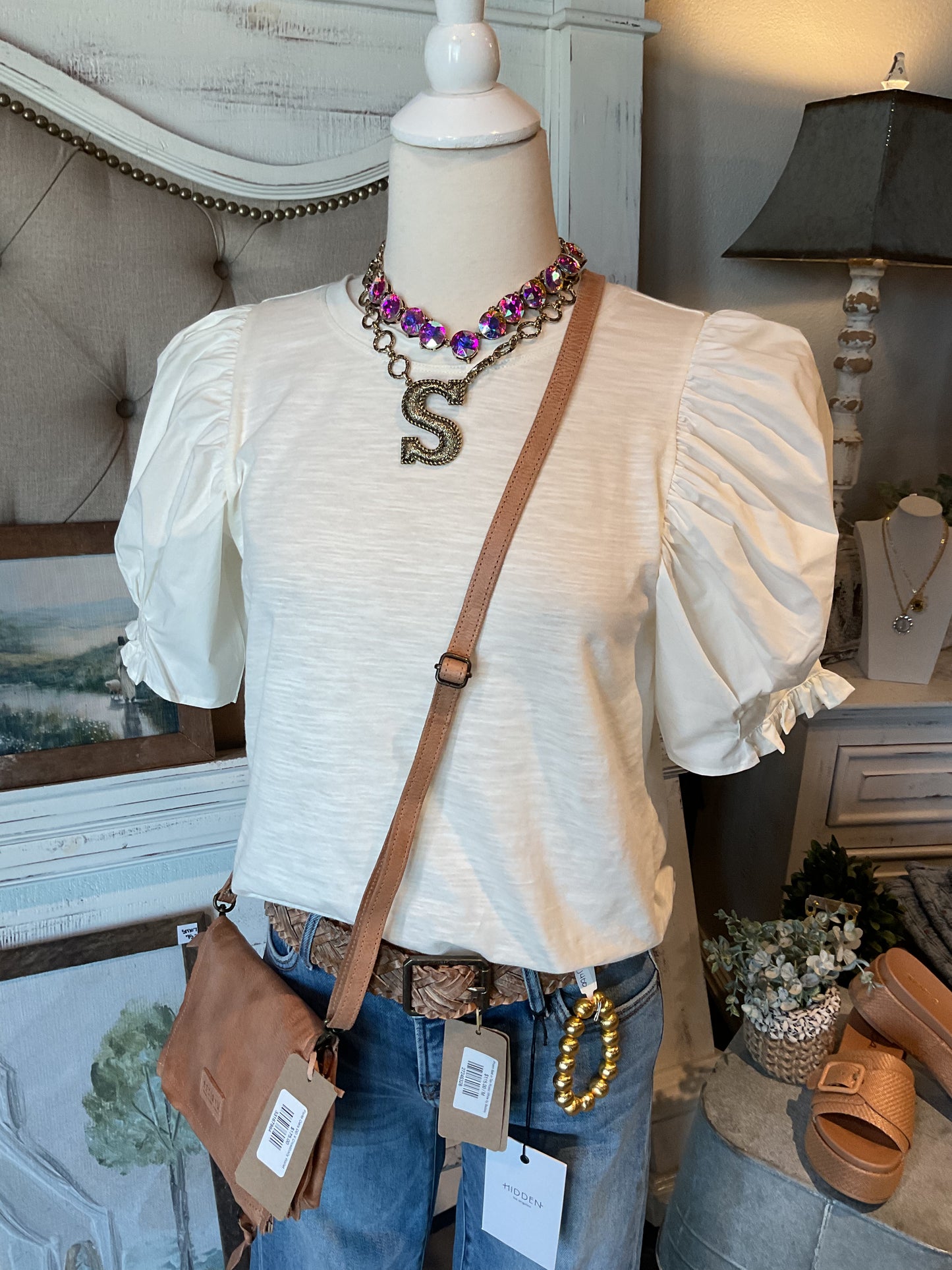 Dear John Mixed Media Puff Sleeve Top in Off White