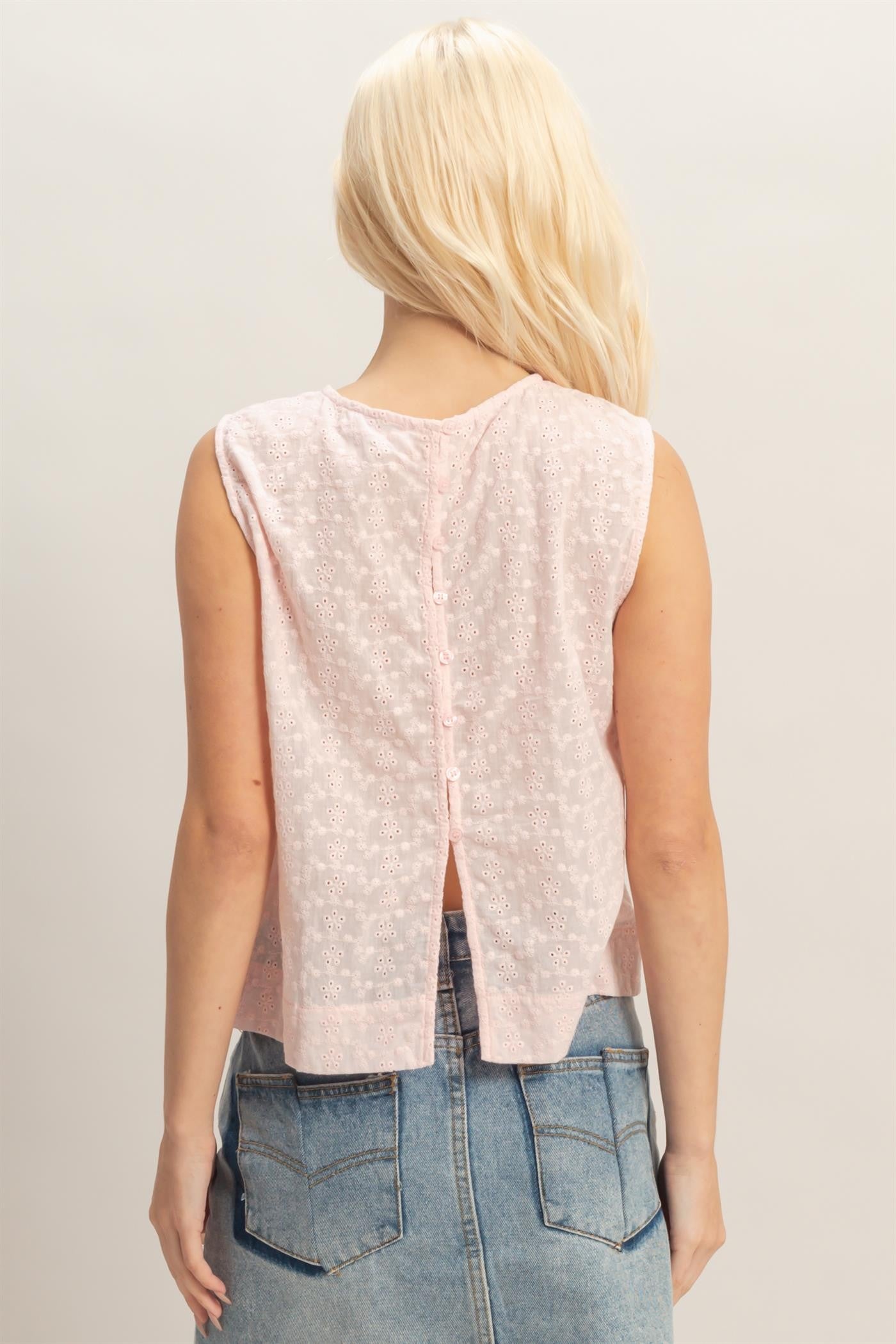 Eyelet Sleeveless Top With Back Buttons in Soft Pink