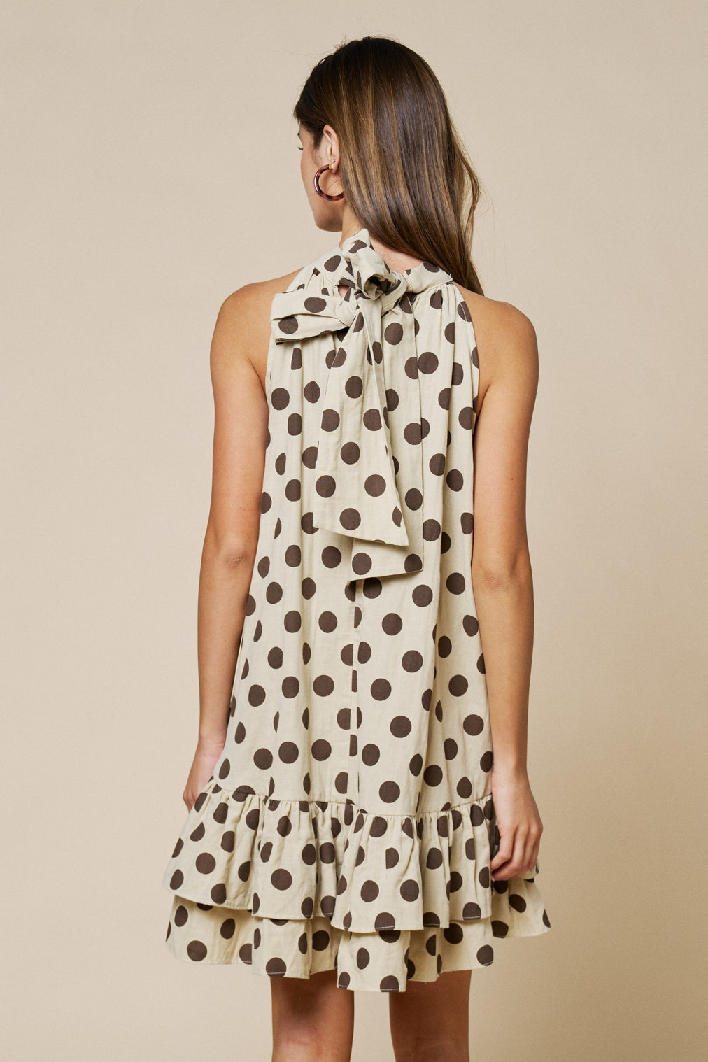 Cream/Brn Polka Dot Mock Neck Ruffled Mini Dress