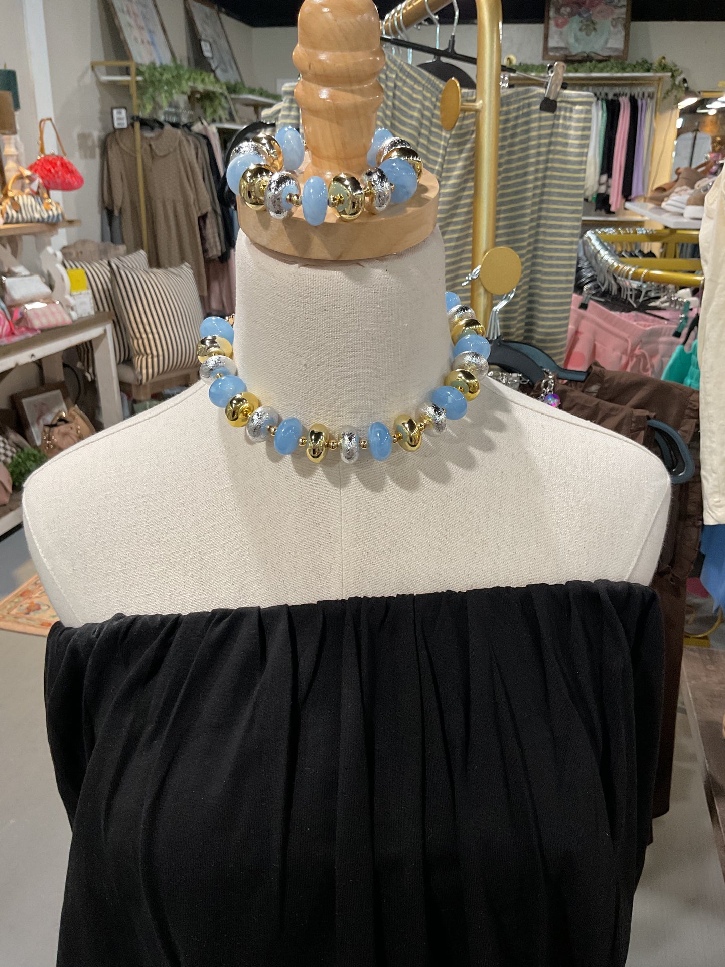 Blue and Gold Large Beaded Necklace