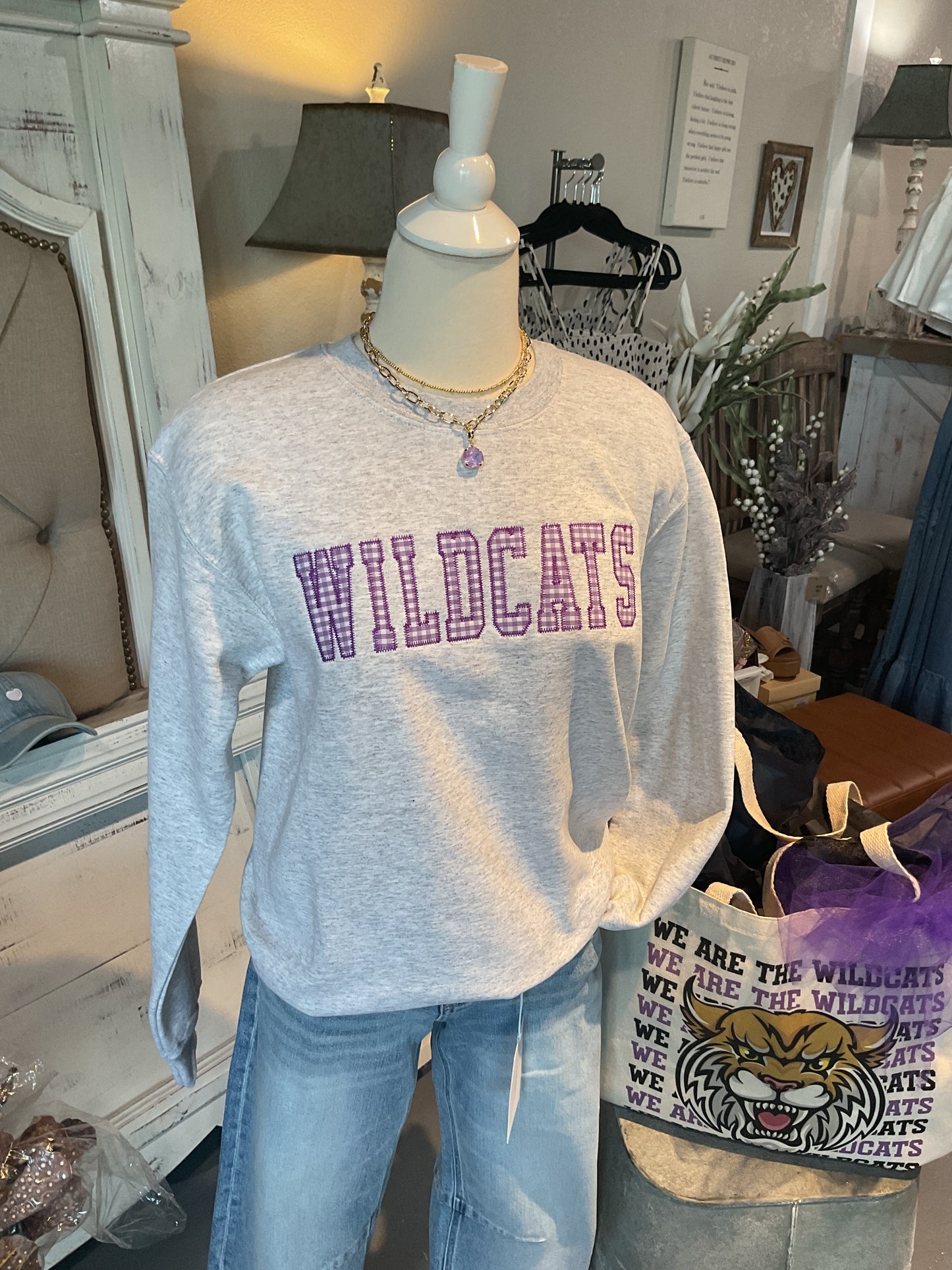 Gingham Embroidered WILDCATS Ash Grey Sweatshirt
