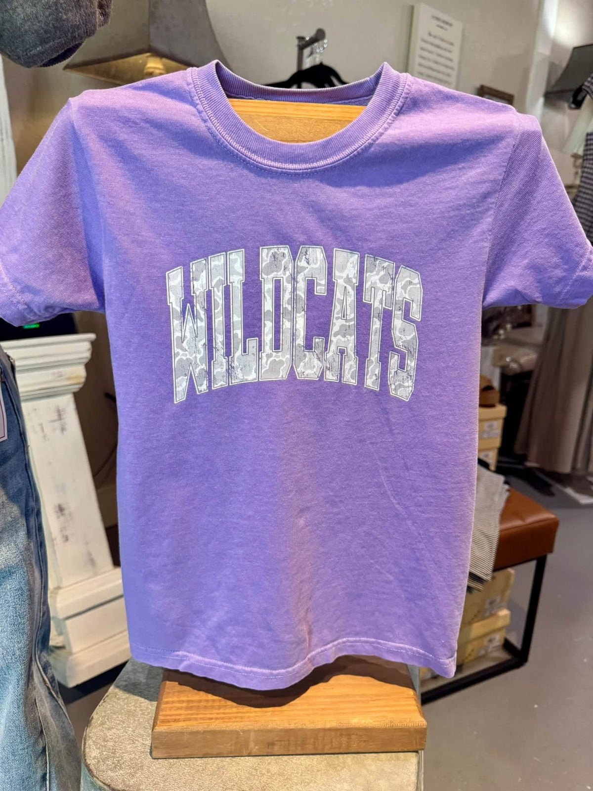 Grey Camo WILDCATS tee on Orchid Comfort Colors Tee