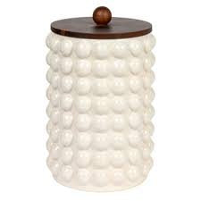 Stoneware Canister w/ Raised Dots & Acacia Wood Lid & Natural