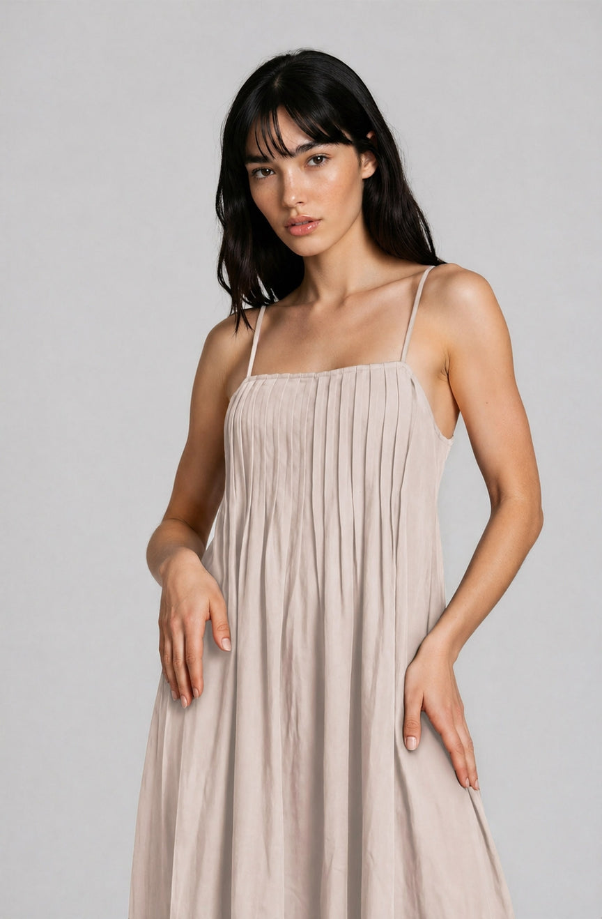 Pintuck Detail Spaghetti Strap Midi Sundress in Light Khaki
