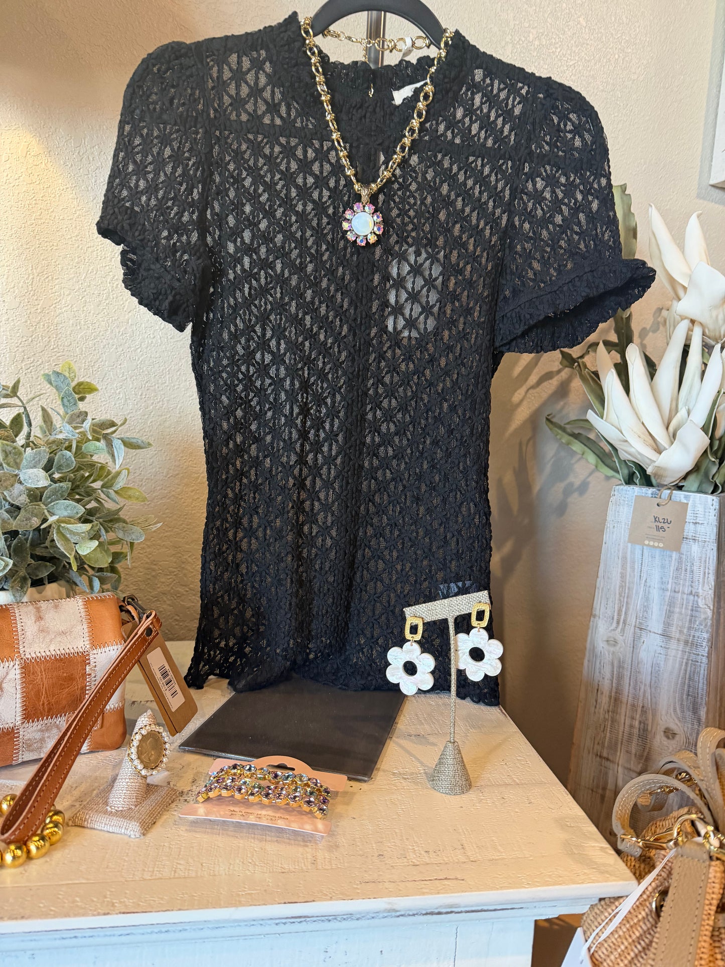 Black Short Puff Sleeve Lace Top