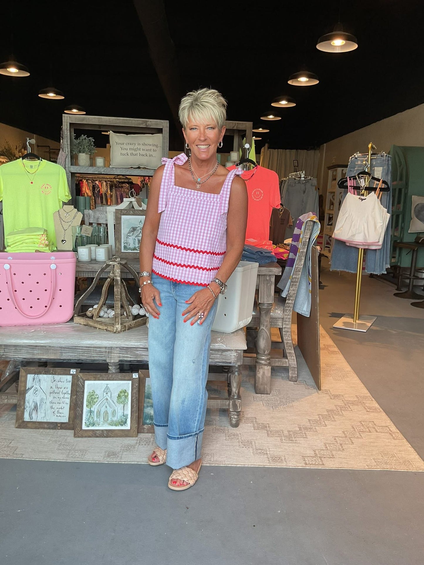 TC13 Pink Gingham Ric Rac Trim Top